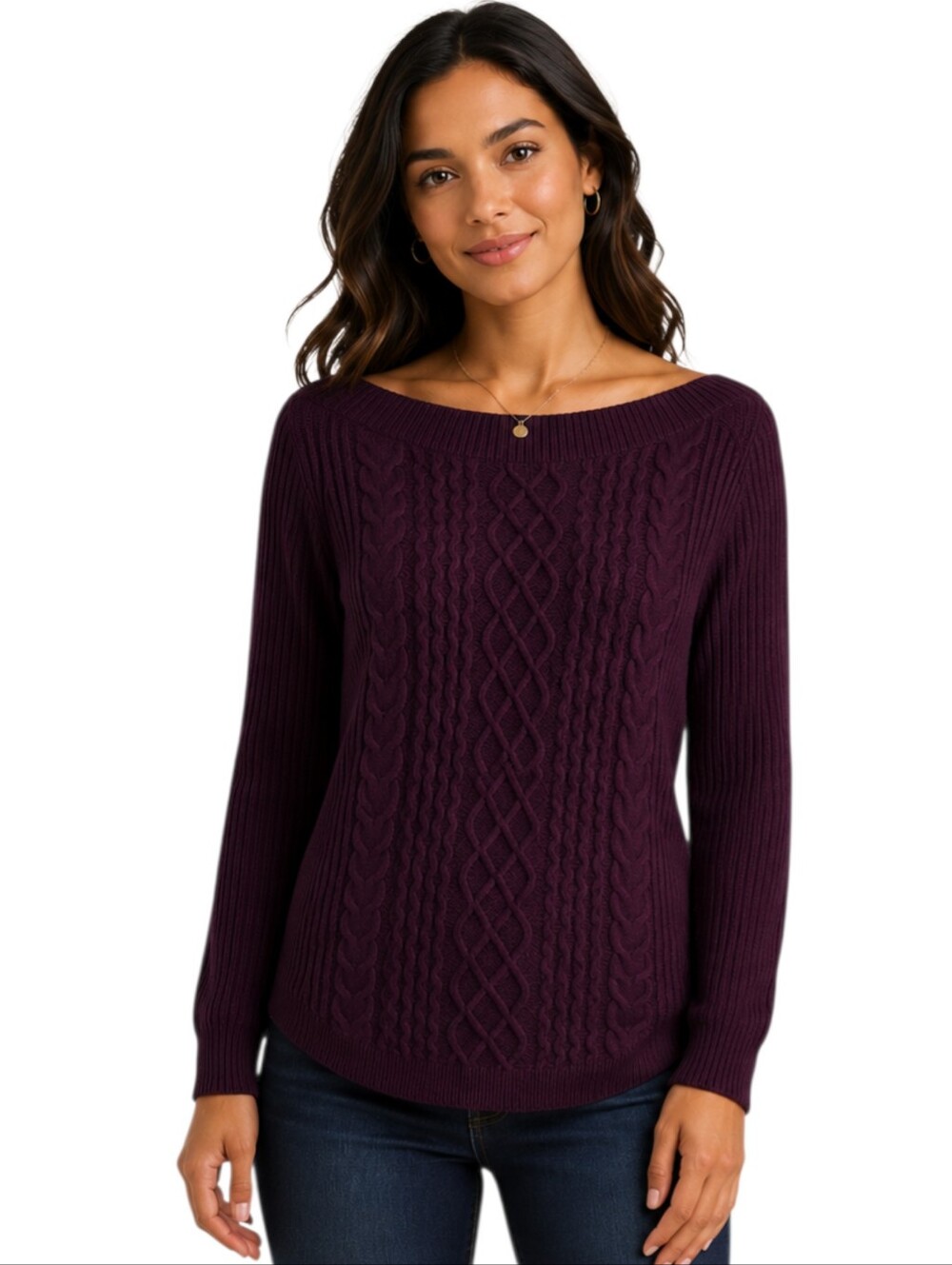 Tommy Hilfiger Deep Purple Boat-Neck Cable Knit Cate Sweater Large
